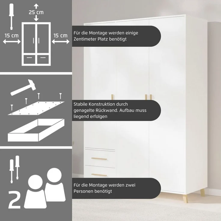 rauch Drehtürenschrank Kleiderschrank Schrank Garderobe Wäscheschrank SHINJO (in 3 verschiedenen Ausstattungen BASIC/CLASSIC/PREMIUM) Griffe und Füße aus Massivholz mit 2 Schubladen MADE IN GERMANY – Bild 4