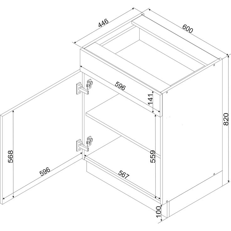 Alice D60S1 P/L Küchenunterschrank mit 1 Schublade und Tür, 60 x 82 x 44,6 cm, Weiß Hochglanz – Bild 2