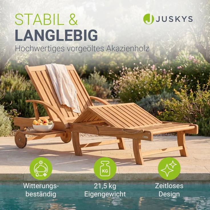 Juskys® Sonnenliege SunScape - Natur, Akazie mit verstellbarem Tisch - 196x72,5x30 cm – Bild 2