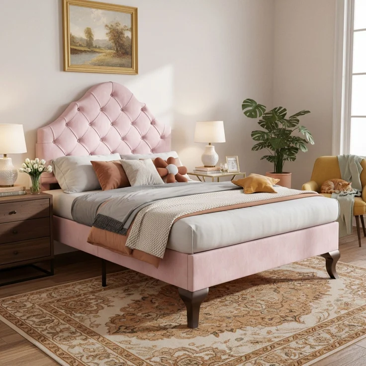EINHOM Polsterbett 90 x 200 cm mit Lattenrost und Kopfteil, Polsterbett mit Höhenverstellbares Kopfteil, Jugendbett, Einzelbett, Holzlattenunterstützung, Einfache Montage, Samt, Rosa, (Ohne Matratze) – Bild 3