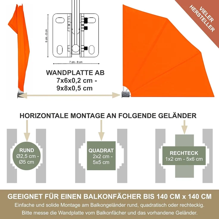 Balkonfächerhalter aus Edelstahl für Balkongeländer rund und eckig Fächerhalterung bis Balkonfächer 140 cm x 140 cm Markisenhalterung Balkon Halterung Markise sichere Befestigung am Geländer – Bild 5