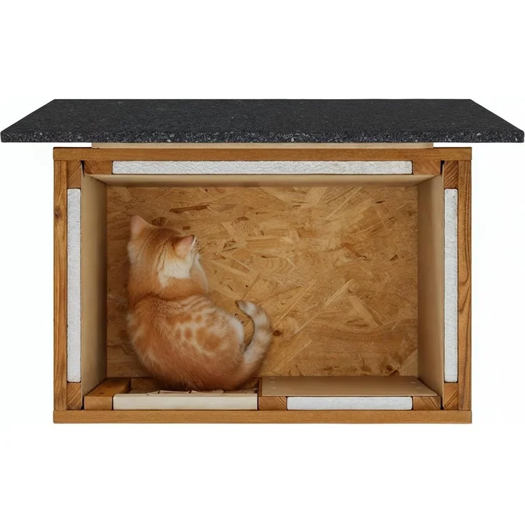 QLS Katzenhaus Isoliert aus Holz 60x40x40 cm, Outdoor Draußen Winterfest mit Vorhang, Teak – Bild 6