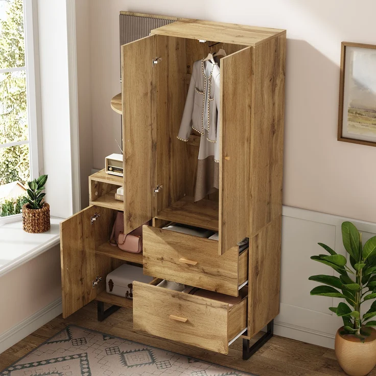 Kompaktgarderobe Holz Schwarz mit Soft-Close, Ausziehstange, Stoffpaneelen, Schubladen, modernem Flur-Organizer – Bild 4