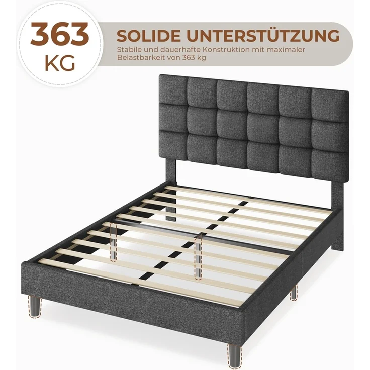Yaheetech Polsterbett, 160x200 cm, mit höhenverstellbarem Kopfteil und Lattenrost, Dunkelgrau – Bild 10