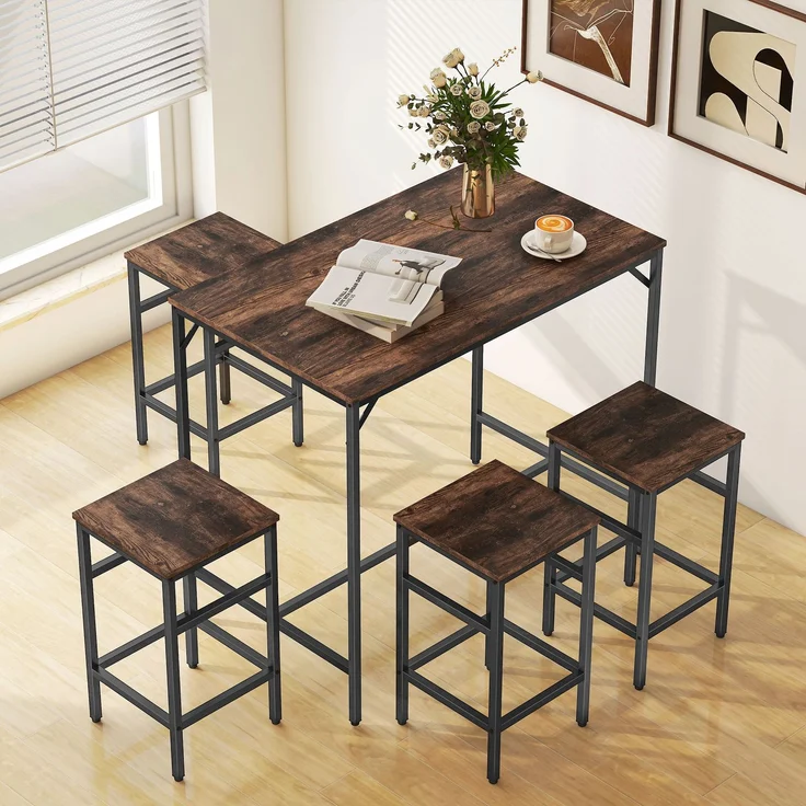 5-teiliges Bartisch-Set Bartisch mit Barhocker-Set Esstisch mit 4 Stühlen Küchentisch für Esszimmer, Küche, Rustikal-Braun+Schwarz--Rustikal-Braun--88x60x100cm--YOUDENOVA – Bild 3