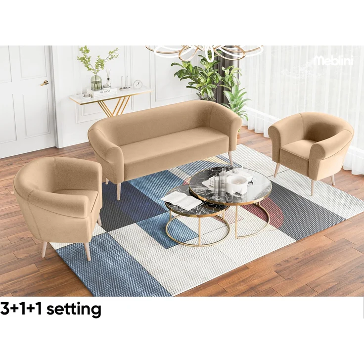 MEBLINI Mini Sofa Set 3-1-1 für Wohnzimmer - Mini Lounge für fünf Personen - Küchensofa - Sofa Klein - Sitzgarnitur - Polstergarnitur - Sofagarnituren - EMILIA - 3+1+1 - Beige Samt – Bild 2
