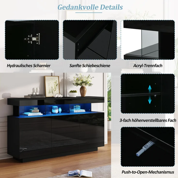 ZUBALIYA Sideboard 140x35x80 cm, mit LED-Beleuchtung, Hochglanz, aus Spanplatte, Schwarz – Bild 11