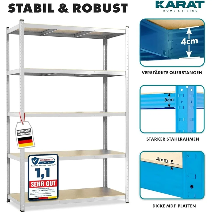 KARAT Schwerlastregal, 2er Set - Steckregal, Kellerregal, Lagerregal - 5 verstellbare Böden (Verzinkt, 50 x 100 x 200 cm) – Bild 3