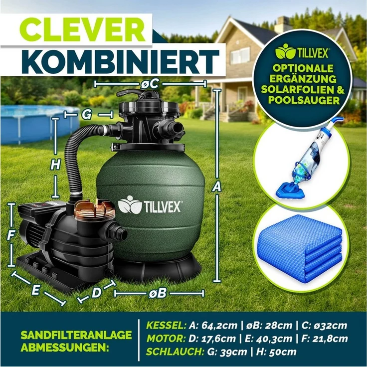 tillvex Sandfilteranlage 10 m³/h Filteranlage + 800g Filterbälle 7-Wege Ventil Poolfilter, Filterkessel mit Druckanzeige Sandfilter für Pool und Schwimmbecken – Bild 2