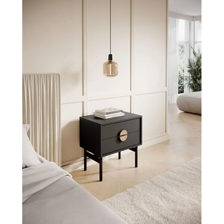 Selsey Nachttisch Beistellschrank Beistelltisch Nachtschrank 55 cm Mit 2 Schubladen Schwarz Stahlrahmen Stoon – Bild 2