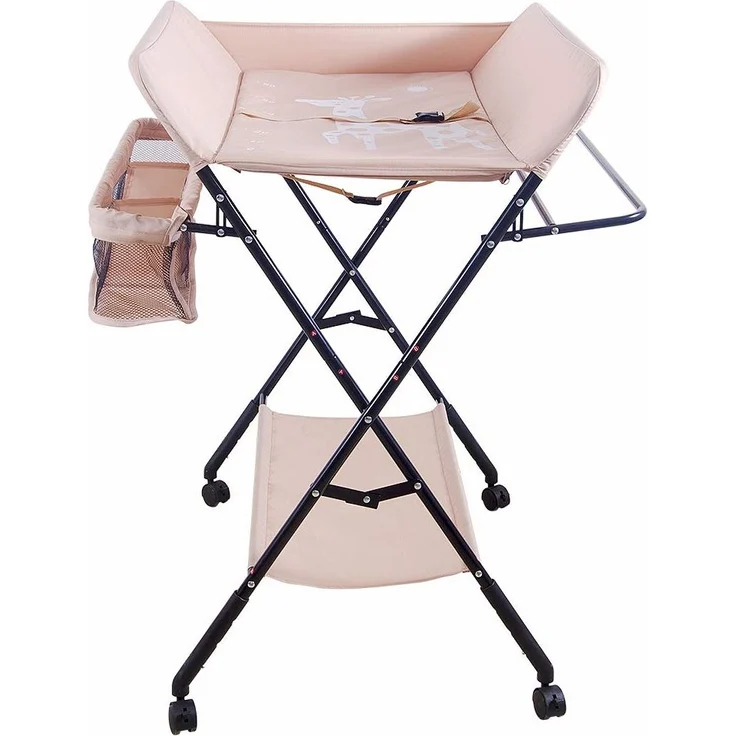 Klappbare Baby Wickelkommode, Wickeltisch mit Ablageflächern, Rollen, Kissen mit Höhenskala, 80 × 66 × (92-95-98) cm, Beige – Bild 3