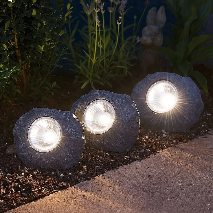 3x LED Solarleuchte Stein grau, Außendeko – Bild 4