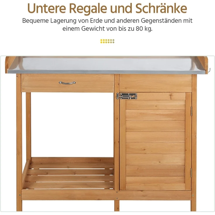 Yaheetech Pflanztisch mit Schubladen & Unterschrank, Blumentisch Gärtnertisch mit verzinkter Arbeitsplatte, wetterfest, 101 x 46 x 125 cm, Holzfarbe – Bild 6
