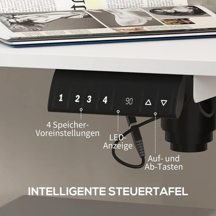 Vinsetto Schreibtisch Höhenverstellbares Stehpult mit 2 Haken, elektrisch (Laptoptisch, 1-St, Computertisch), für Wohnzimmer, Arbeitszimmer, Weiß – Bild 5