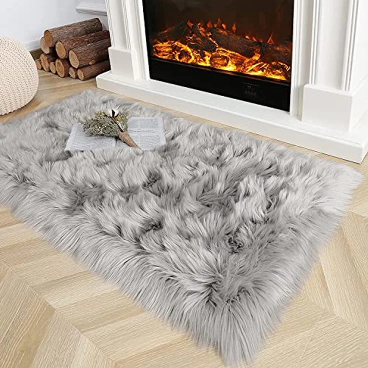HEQUN Faux Lammfell Schaffell Teppich Kunstfell Dekofell Lammfellimitat Teppich Longhair Fell Nachahmung Wolle Bettvorleger Sofa Matte (50 X150 cm, Grau) – Bild 3