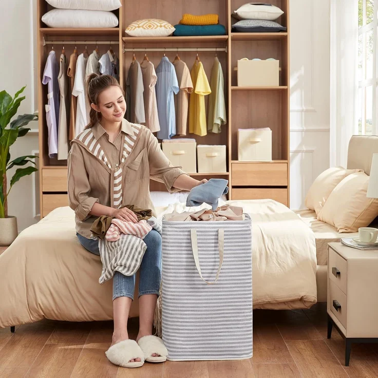 Lifewit 75L Groß Wäschekorb Organizer mit erweitertem Griff, Faltbarer Wäschesammler Wäschebox Aufbewahrungskorb, Tragbar Wäschesortierer für Wäsche, Kleidung, Decken, Kissen, Wäschekörbe, Grau – Bild 8