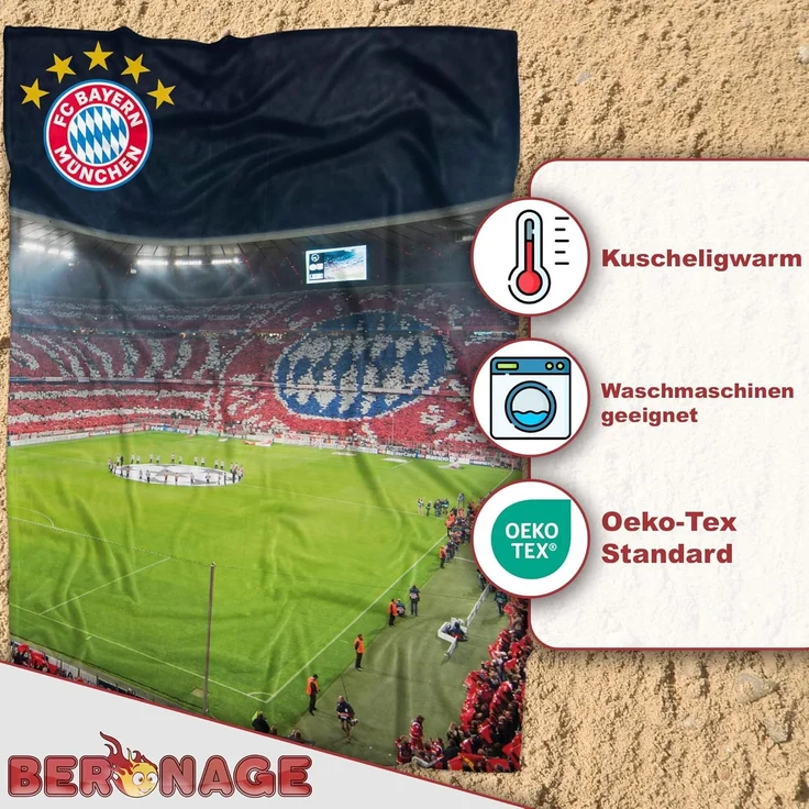 BERONAGE Tagesdecke FC Bayern München Decke Allianz Arena 150x200 cm Kuscheldecke Fußball, passend zur Bettwäsche, ideal für Sofa, Couch, Kinder-Bett, Auto – Bild 3