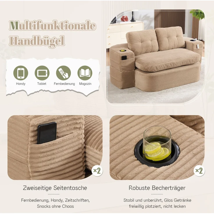 EINHOM Schlafsessel 2-in-1 aus Cord, Schlafsofa mit Liegefunktion, Komprimiertes Bodensofa mit Verstellbaren Armlehnen, 2 Getränkehaltern, Hoher Rückenlehne und Extra Tiefer Sitzfläche, Khaki – Bild 5