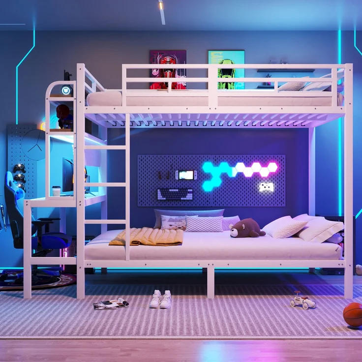 Etagenbett, 140x200 cm, Eisenrahmen, Ablagefach, Schreibtisch, mit LED-Lichtleiste, USB-Anschluss, Sicherheitsgeländer, Leiter, ohne Matratze, Weiß – Bild 2