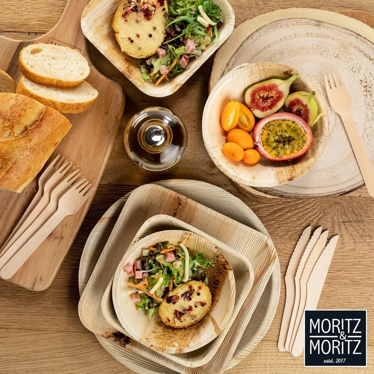 Moritz & Moritz Einweggeschirr-Set 25tlg Palmblatt Geschirr Eckig 20cm (25-tlg), 25 Personen, Palmblatt, Birkenholz, 25x25cm – Bild 7