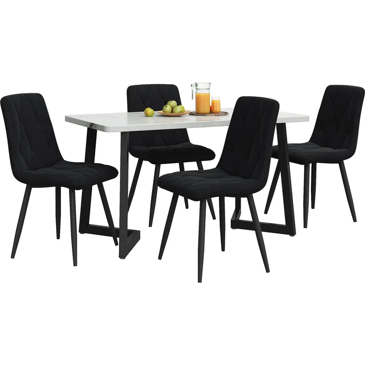 Essgruppe 5-teilig mit Esstisch 117×68 cm in Marmoroptik und 4 schwarzen Samtstühlen, moderner Küchentisch-Stuhl Set – Bild 4