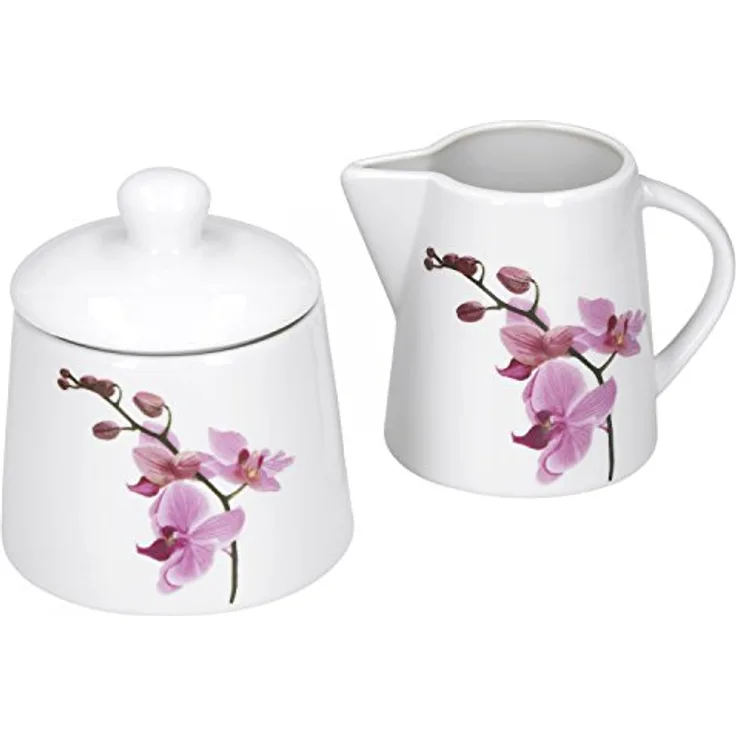 van Well Milch- und Zuckerset Kaffeeergänzungsset Milchkännchen & Zuckerdose Kyoto Orchidee, Porzellan