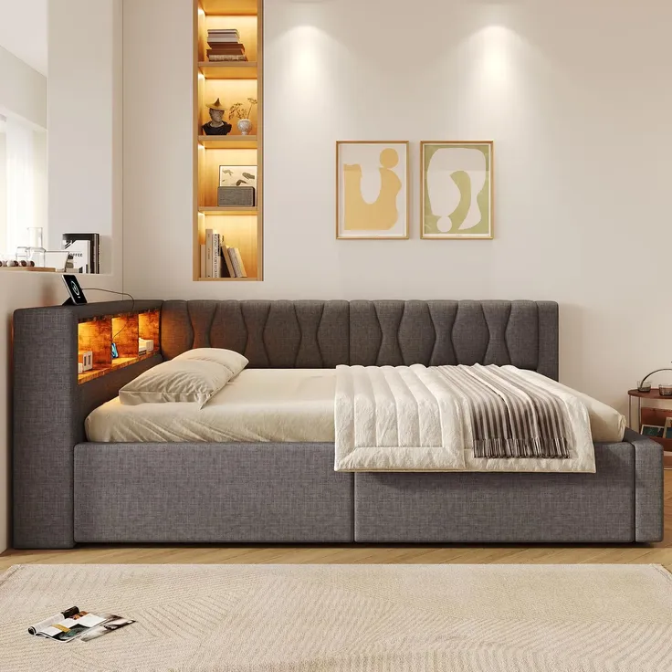 Schlafsofa mit LED-Streifen, Lattenrost, Regal, Rückenlehne, Aufbewahrung, Type-C und USB, 140x200 cm, Polsterbett, Stauraumbett, Tagesbett, Leinen – Bild 3