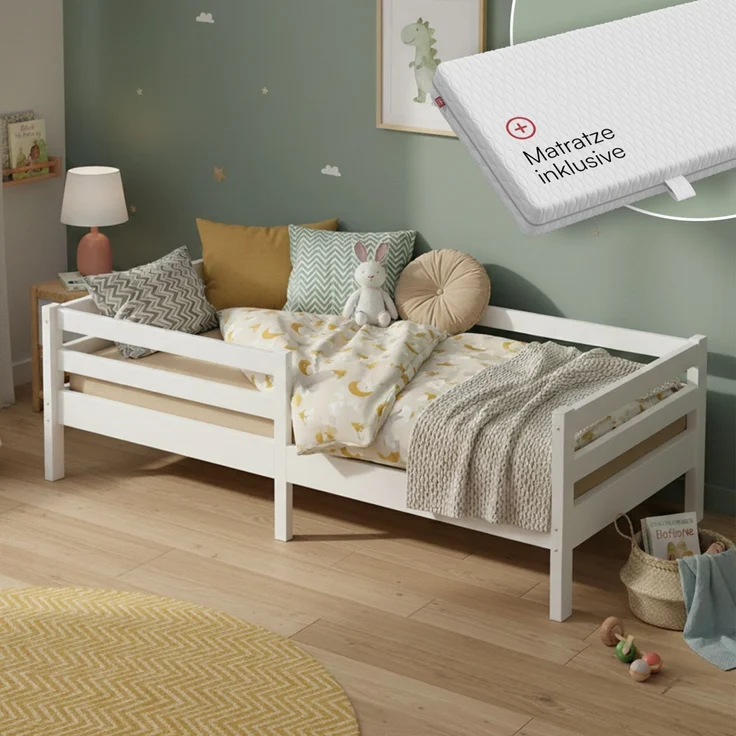 Bellabino 'Iskri' Kinderbett 90x200 cm mit Matratze, weiß, Massivholz Kiefer, Jugendbett mit Rausfallschutz und Lattenrost – Bild 1