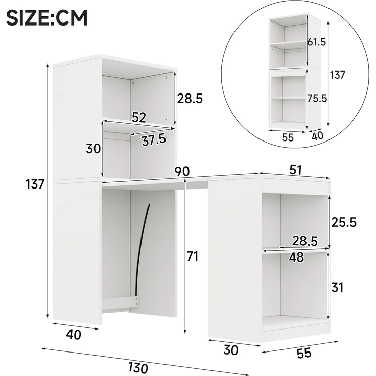Flieks Schreibtisch 130x55x137 cm Klapptisch 2-in-1 mit Stauraum & Schrank, Multifunktionaler Computertisch mit 4 Fächern, Weiß – Bild 4