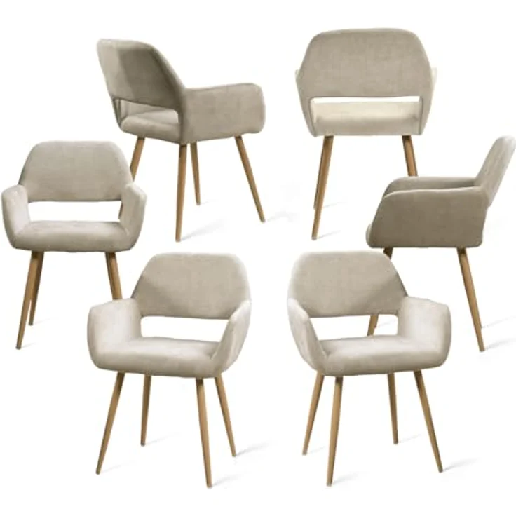 MEUBLE COSY Esszimmerstühle 6er Set Küchenstuhl Polsterstuhl mit Armlehne Sessel aus Stoff Wohnzimmerstuhl Metallbeine, Beige, 56 x 56 x 78 cm – Bild 2