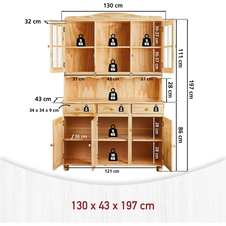 Inter Link Buffet Vitrine TOSCANA Kiefer Massivholz Küchenbuffet natur lackiert 130x43x198 cm – Bild 7