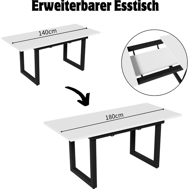 Moderner Esstisch mit Ausziehfunktion und Stahlrohr-Gestell, 80x180x75 cm, Weiß+Schwarz – Bild 5