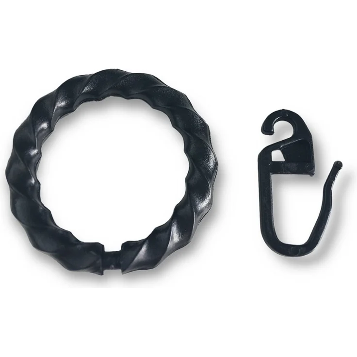 nodeko Gardinenring Vorhangringe für Schmiedeeisengarnituren, schwarz, für Vorhangstangen und Gardinenstangen Ø 16 mm bis Ø 20 mm, (Packung, mit Faltenhaken), Ringe gedrehte Optik, Kunststoff – Bild 1