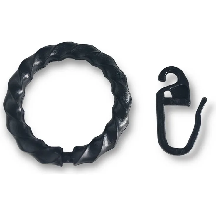 nodeko Gardinenring Vorhangringe für Schmiedeeisengarnituren, schwarz, für Vorhangstangen und Gardinenstangen Ø 16 mm bis Ø 20 mm, (Packung, mit Faltenhaken), Ringe gedrehte Optik, Kunststoff