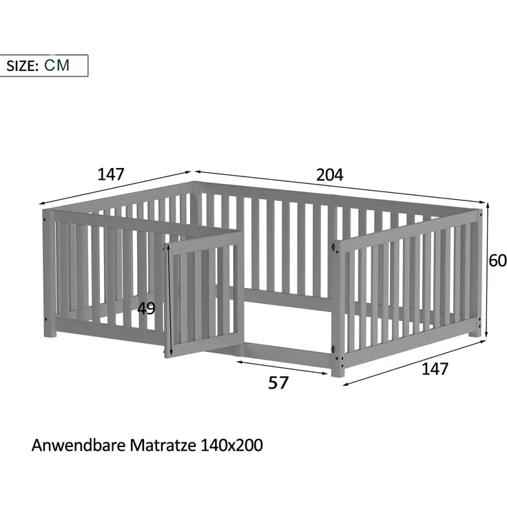 Kinderbett 140 x 200, Holzboden Bettrahmen mit Zaun und Tür, Grau (Alte SKUs:WF321564AAG) – Bild 7