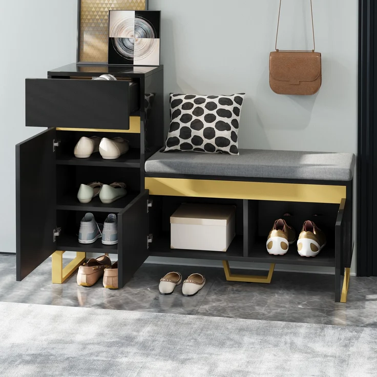 Schuhschrank aus MDF mit Sitzkissen & Schublade, 120x35x85 cm, Schwarz – Bild 2
