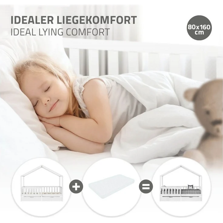 ML-DESIGN Spielbett Hausbett Kinderbett inkl. 2 Schubladen, Lattenrost und Rausfallschutz, Abenteuerbett 80x160 cm Haus Bett Himmelbett Kiefer Jugendbett Weiß – Bild 4