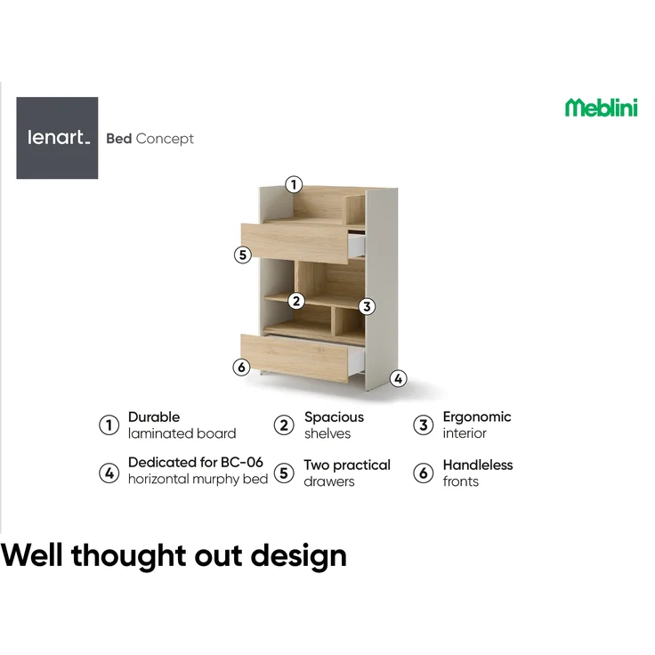 MEBLINI Wohnzimmerschrank für Schrankbett Bed Concept - Hochschrank mit Regalen, Fächern und Schublade - BC-26 - Kaschmir/Nagano Eiche – Bild 3