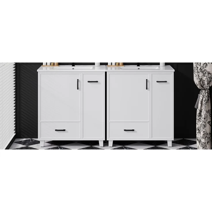 U-life bodenstehender Waschtischunterschrank 76x47 cm, fürs Badezimmer, Lackierte Oberfläche, Seitlicher Auszug mit zwei Ebenen, Integriertes Keramikwaschbecken, Ablagefach an der Türinnenseite, Keramik, Weiß – Bild 3