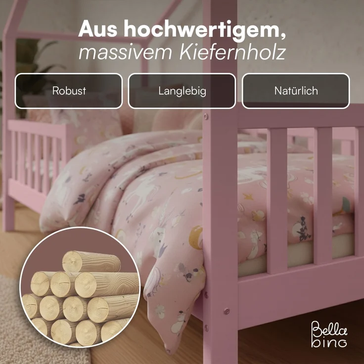 Bellabino 'Bia' Hausbett 90x200 cm mit Matratze, rosa, Kiefer Massivholz, Bodenbett in Hausoptik, Montessori Kinderbett mit Rausfallschutz und Lattenrost – Bild 5