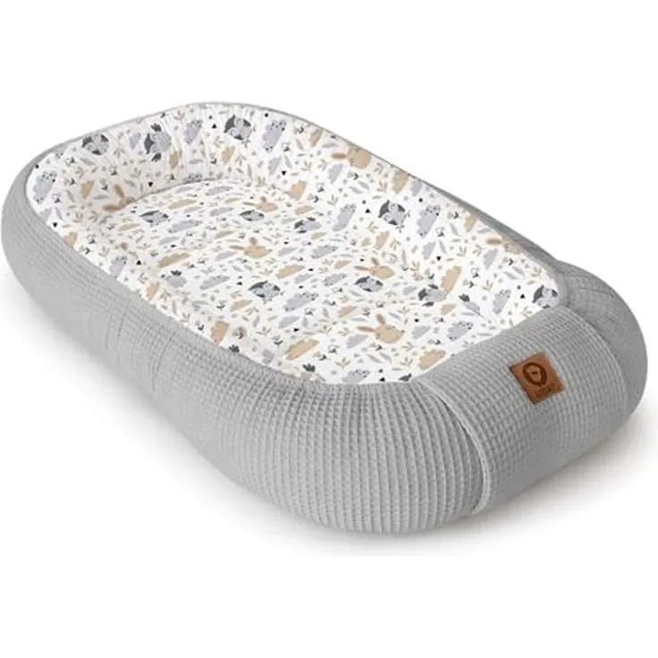 Babynestchen Neugeborene – Nestchen Baby aus Waffel Baumwolle & Baumwollstoff – Babynest für Babybett & Kinderbett – Baby Kokon Tragbar – OEKO-TEX zertifiziert – Zubehör für Babybett - Eulen und Grau