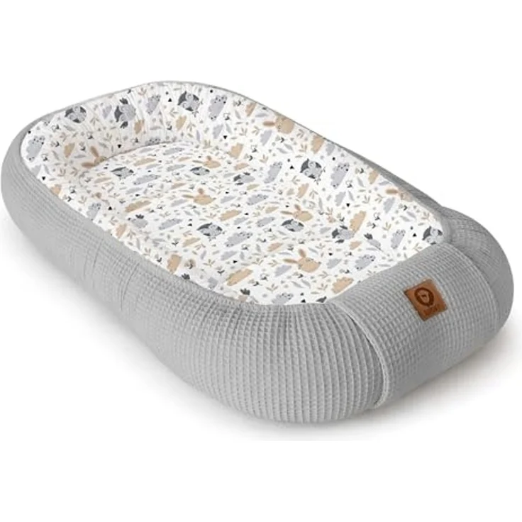 Babynestchen Neugeborene – Nestchen Baby aus Waffel Baumwolle & Baumwollstoff – Babynest für Babybett & Kinderbett – Baby Kokon Tragbar – OEKO-TEX zertifiziert – Zubehör für Babybett - Eulen und Grau – Bild 1