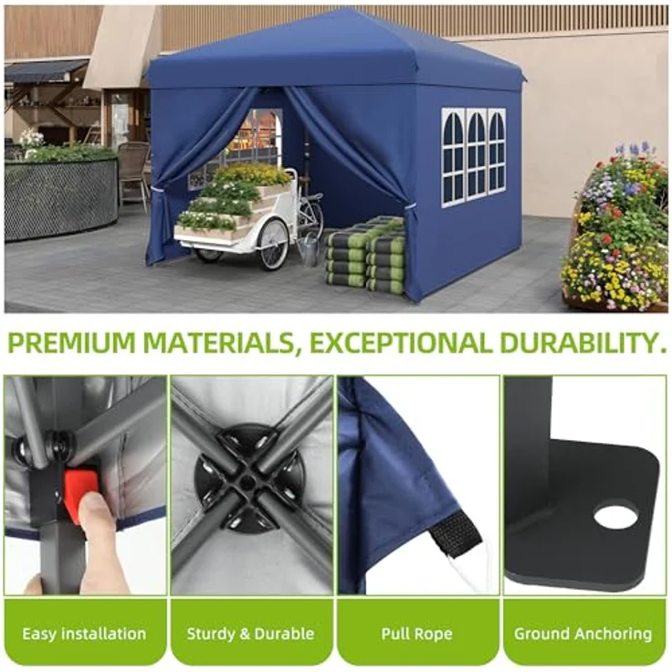 YITAHOME Pavillon mit Seitenwänden, 3x3m wasserdichte zusammenklappbares Garten Vordach, Ganzjahres Camping Pavillon UV-Schutz mit Heringen,Seil,Tragetasche,Gewichtsbeuteln Veranstaltungen,blau – Bild 6