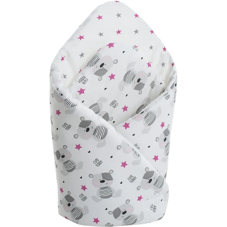 Medi Partners Steckkissen 100% Baumwolle 75x75cm Einschlagdecke Babyhörnchen doppelseitig weich ganzjährig multifunktional antiallergisch Babys (Teddy mit rosa Sternen)