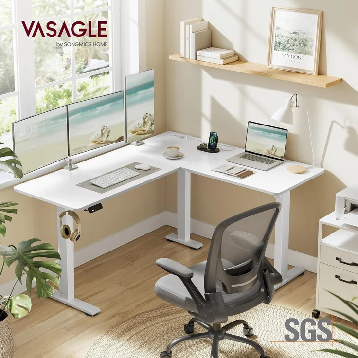 VASAGLE Höhenverstellbarer Schreibtisch elektrisch, L-förmiger Eckschreibtisch, mit Ladestation, Memory-Funktion mit 2 Höhen, für Homeoffice, wolkenweiß-mattweiß, 140x160 cm – Bild 2