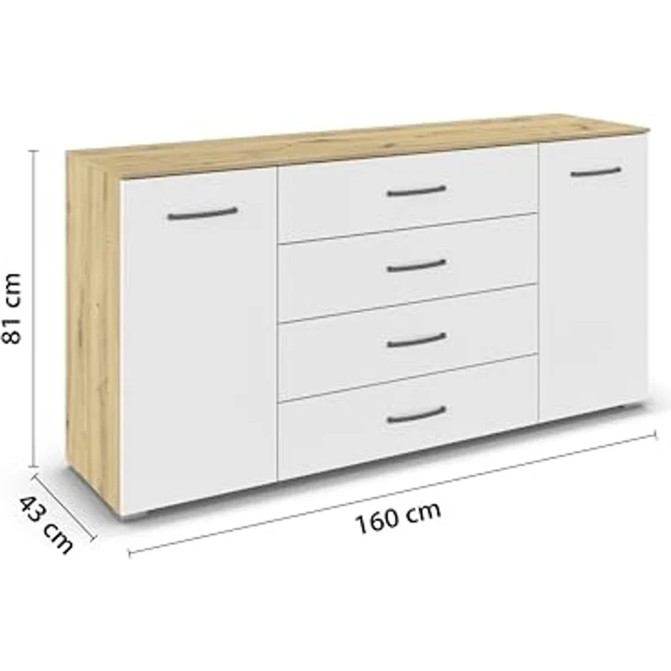 rauch Aditio Box, Kommode, 2-türig, 4 Schubladen, mit Softclose-Funktion, Farbe Weiß/Eiche Artisan, BxHxT 160x81x43cm – Bild 3