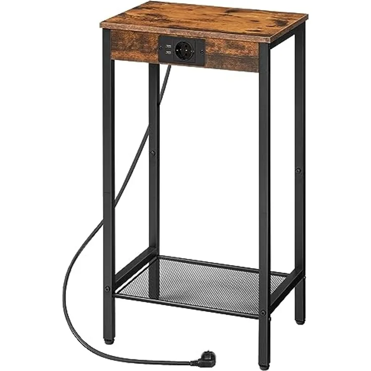 HOOBRO Beistelltisch mit Ladestation, Telefontisch Hoch mit Netzablage, Schmaler Nachttisch mit Steckdose für Wohnzimmer, Schlafzimmer, Vintagebraun und Schwarz EBF08CDH01