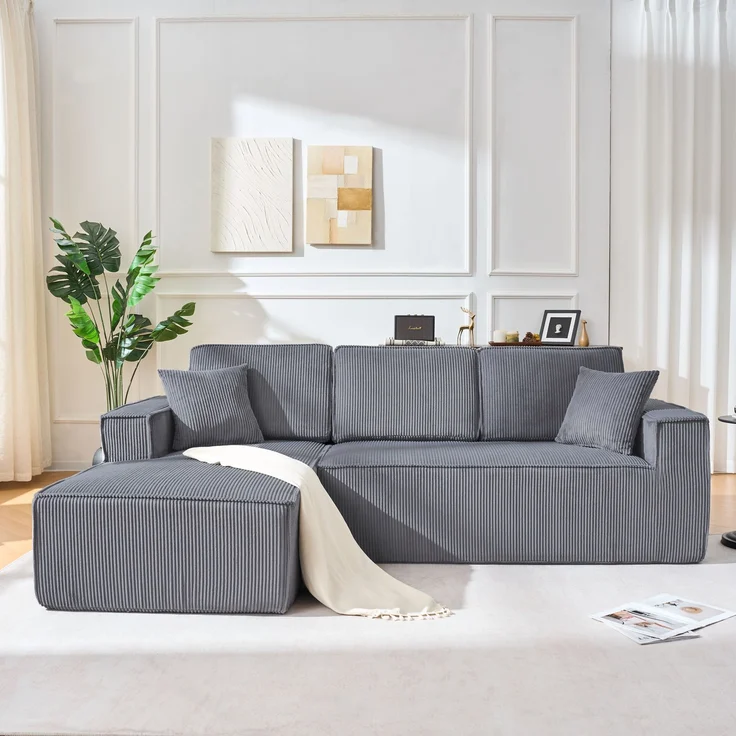 LVHOM L-Form Ecksofa mit Chaiselongue, 3-Sitzer Sofa mit 2 Kissen, Cloud Sofa aus Cordstoff, kein Aufbau erforderlich, Skandinavisches Design, Grau – Bild 9