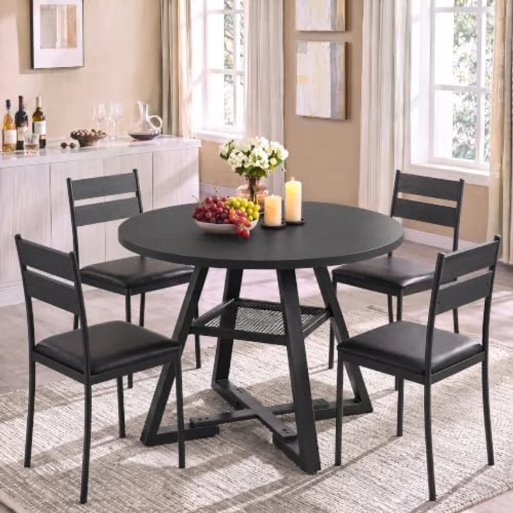 Jocoevol Esstisch Runder für 2 Personen, Esszimmertisch mit Ablage, platzsparender Küchentisch aus Holz im Industrial Design (Schwarz, 80x80x76cm) – Bild 2