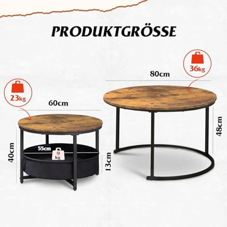 WLIVE Couchtisch 2er Set, Beistelltisch Rund mit Stauraum, Wohnzimmertisch mit Korb aus Stoff，Metallgestell, Kaffeetisch für Wohnzimmer (Rustikales Braun) – Bild 4